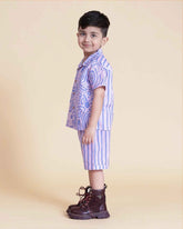 Aline fun print half-sleeve ameba co-ord boy`s holiday shirt and shorts  featuring wooden buttons and stylish strips . A perfect boy`s matching co-ord set and girls co-ord set .